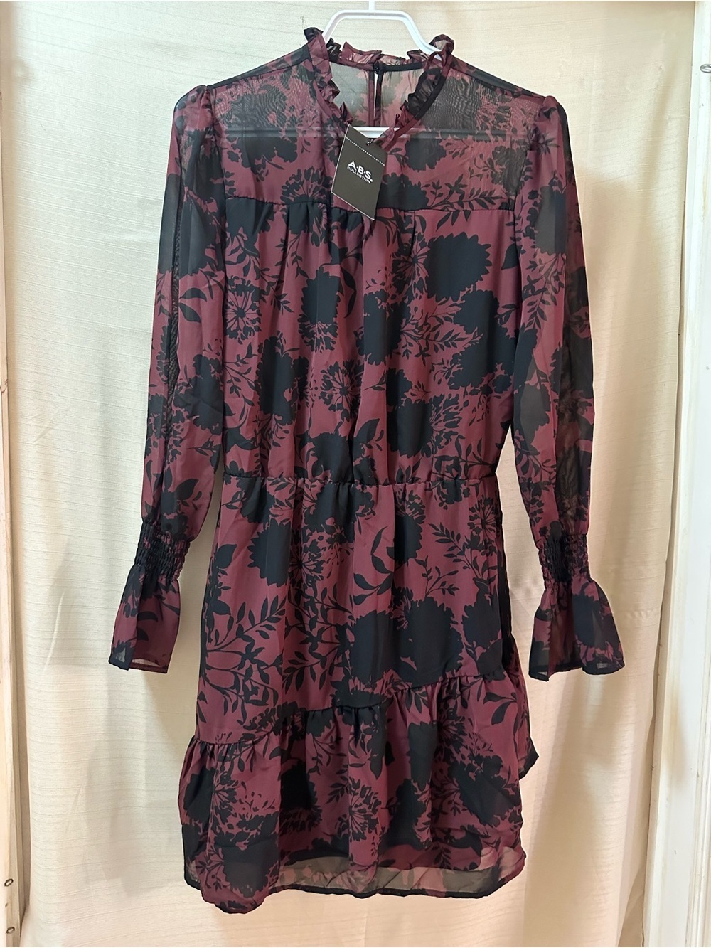A.B.S Collection Burgundy Floral Sheer Ruffle Mini Dress NWT Small